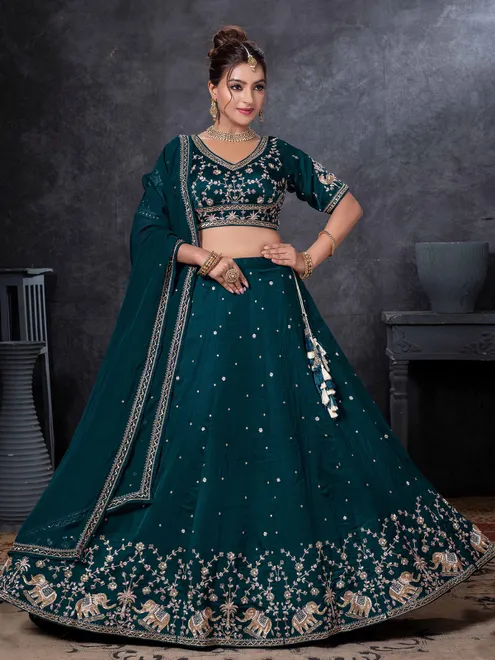 Teal blue raw silk bridal lehenga choli for wedding