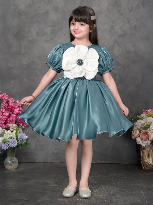 Teal blue satin silk frock for party wear