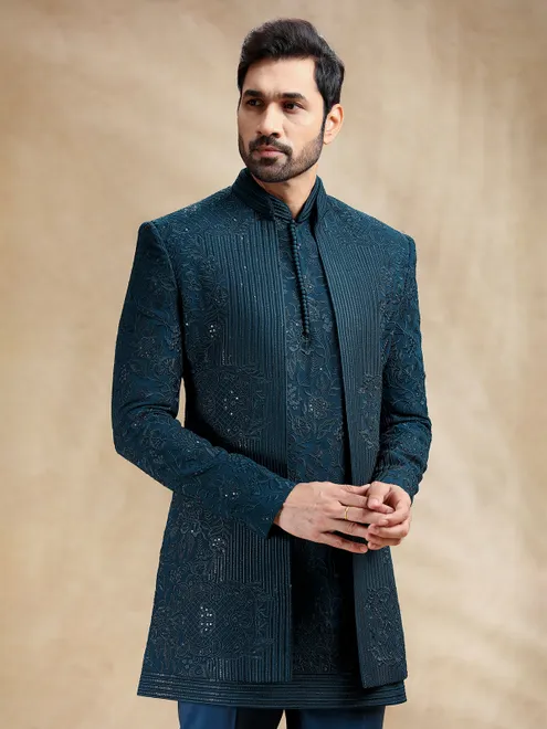 Teal Blue silk indowestern with rich embroidery