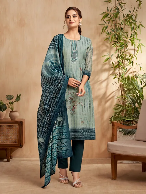 Teal blue silk printed casual salwar suit