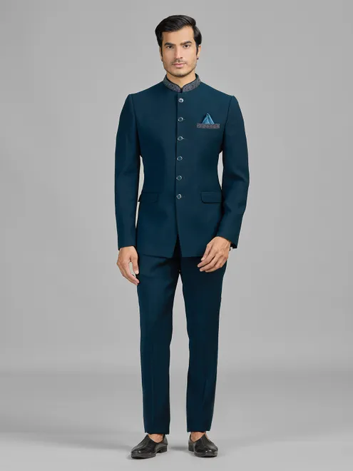 Teal blue terry rayon wedding wear jodhpuri suit