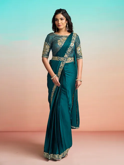 Teal green embellished ready to wear saree with koti