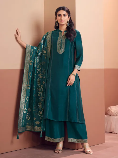 Teal green festive elegance palazzos salwar suitq