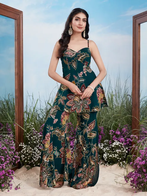 Teal green floral print georgette silk sharara suit
