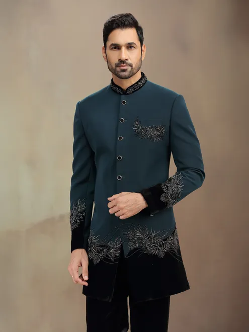 Teal Green reception wear indowestern with cutdana detailing