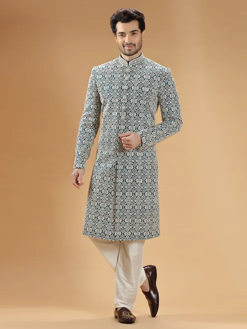 Teal green silk sherwani for wedding