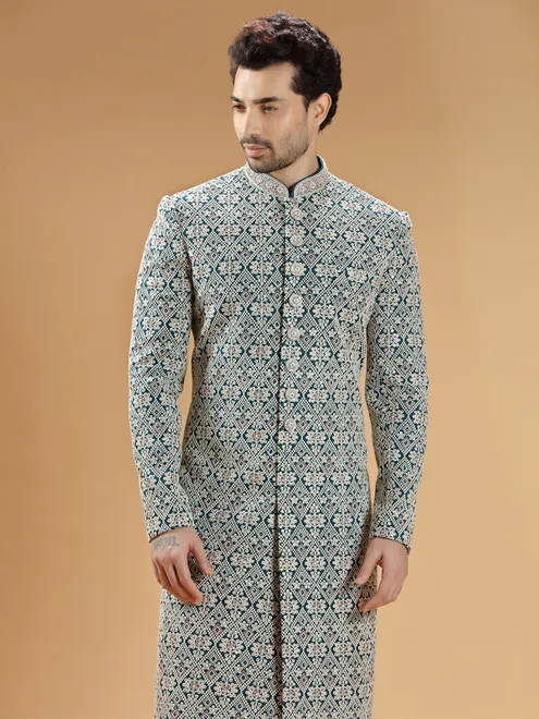 Teal green silk sherwani for wedding