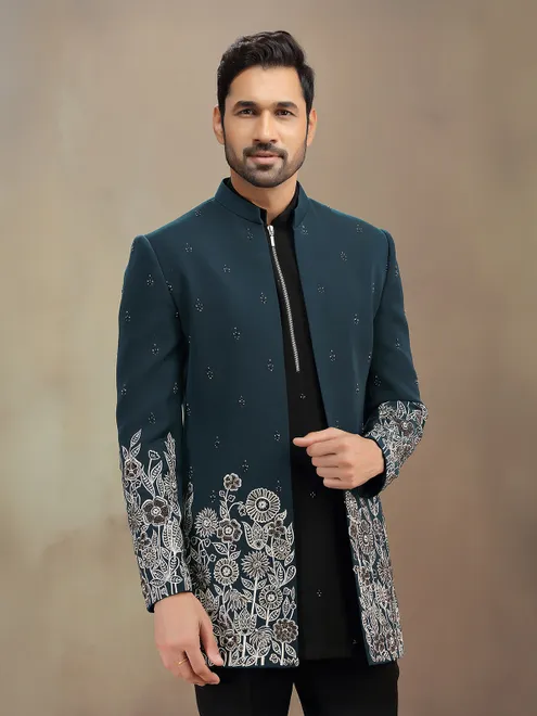 Teal Green terry rayon indowestern set with embroidery