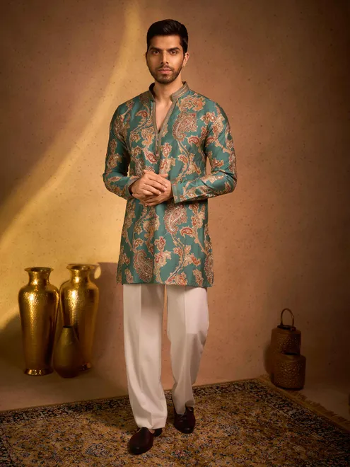 Teal green tissue silk paisley embroidered kurta pajama