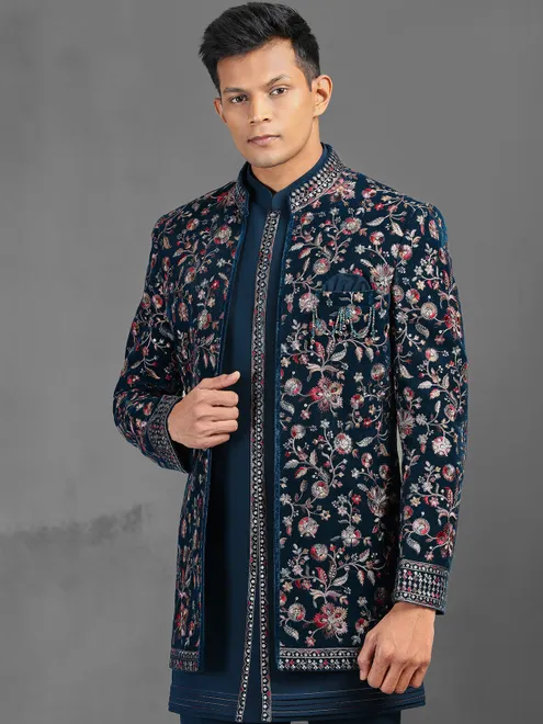 Teal green wedding wear indowestern suit with embroidery