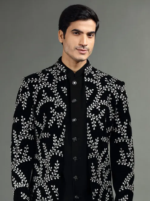 Terry rayon black embroidery indowestern