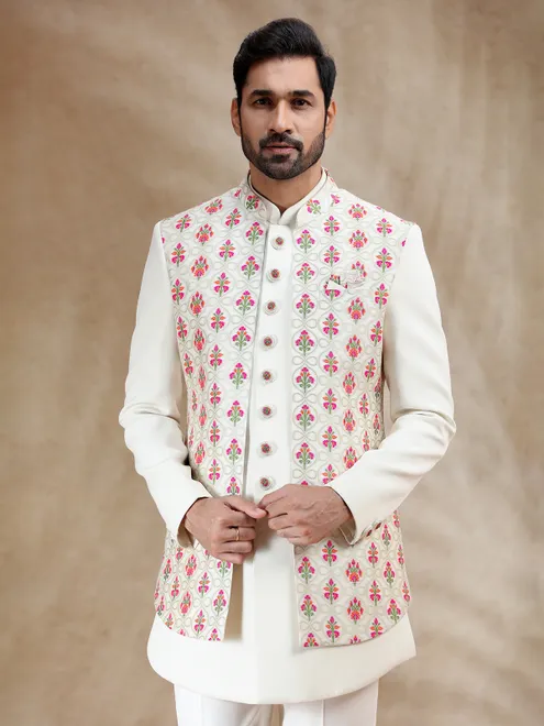 Terry rayon indowestern set in ivory cream