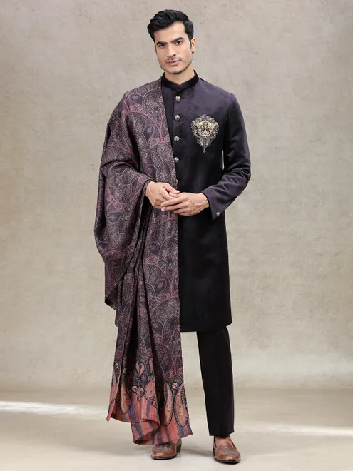 Timeless classsy wine sherwani in velvet with dupatta