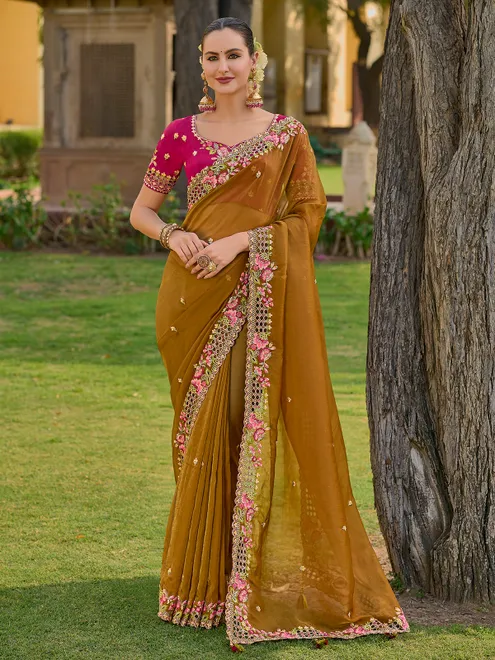 Tissue organza silk mustard yellow saree