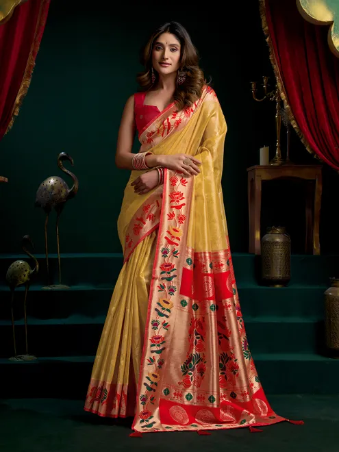 Tissue paithani silk yellow saree