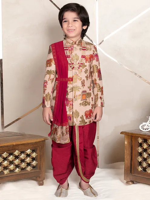 Traditional beige and maroon indo western for boys