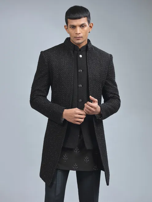 Traditional black terry rayon indowestern