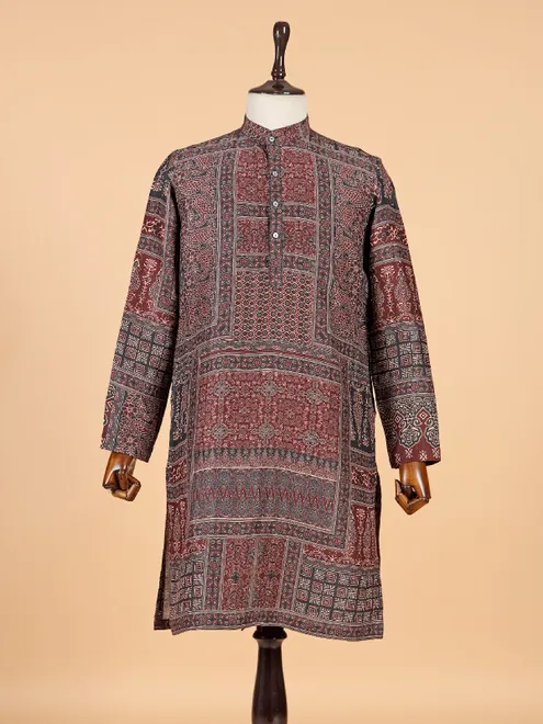 Traditional brown printed cotton kurta for men
