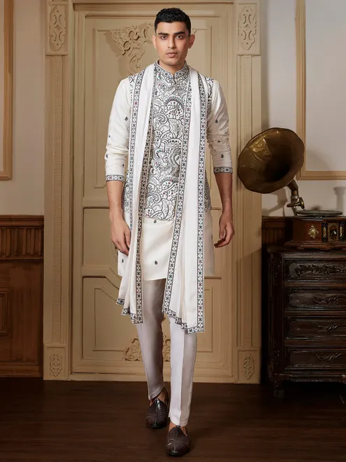 Traditional ivory kurta jacket set with matching dupatta
