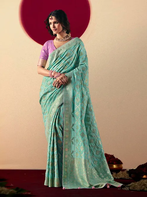 Traditional sky blue zari weaving saree