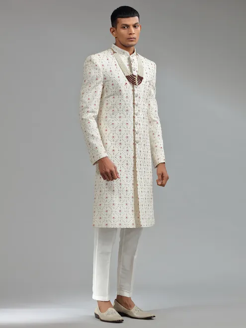 Traditional white silk sherwani wuth bottom