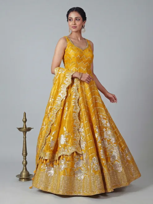 Traditional yellow tissue silk anarkali suit