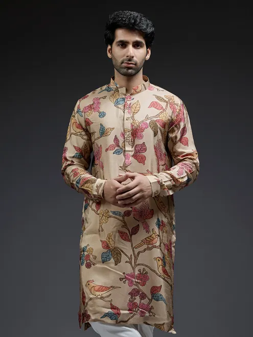Trendy applique beige printed silk kurta suit for men