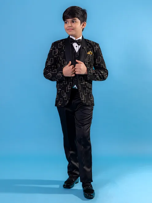 Trendy black printed suit for wedding events