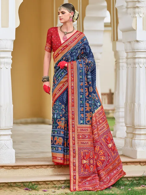 Trendy blue printed silk saree