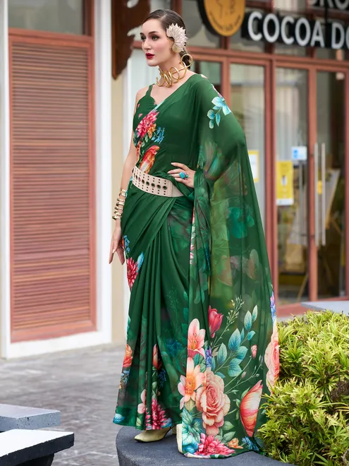 Trendy green georgette saree for festive