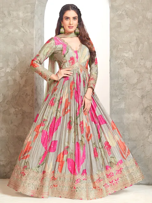 Trendy grey anarkali salwar suit with dupatta