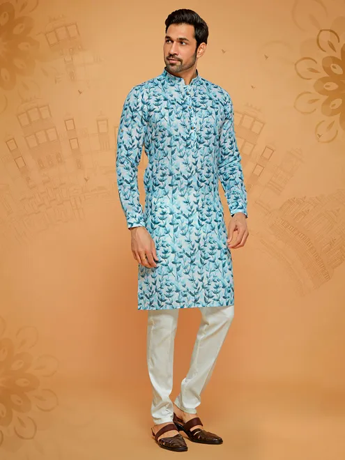 Trendy light blue printed kurta set for men