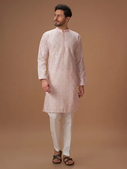 Trendy light pink embroidery  Men Kurta pajama