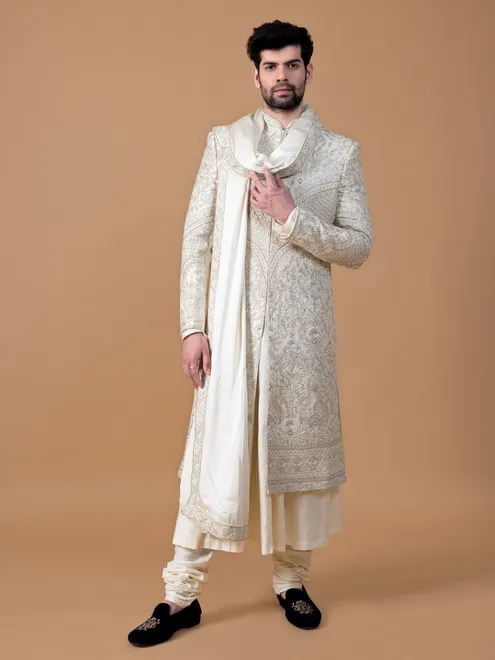 Trendy off white raw silk sherwani for groom