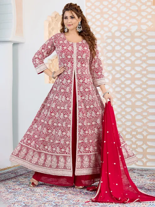 Trendy red georgette palazzo salwar suit for women