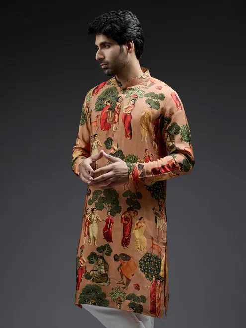 Trendy silk peach village theme printed kurta suit