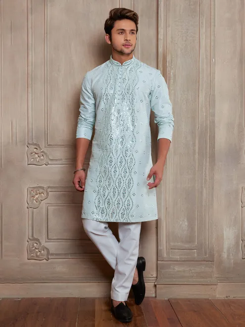 Trendy sky blue raw silk kurta suit