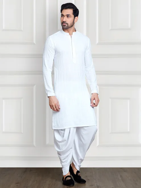 Trendy white embroidery  Men Kurta pajama for festive
