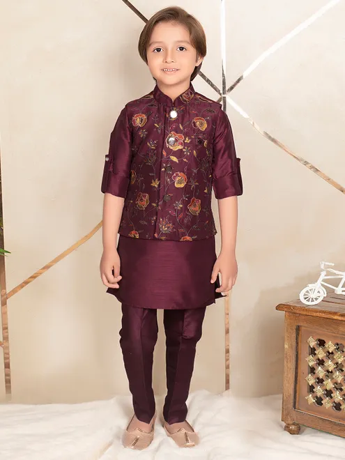 Trendy wine silk waistcoat set for boys