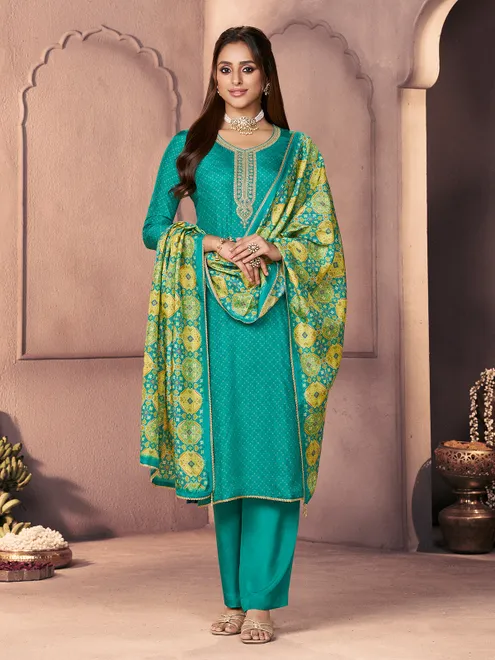 Turquoise blue regal zardosi celebration wear