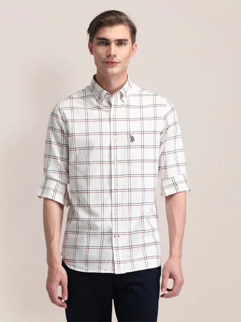 U S POLO ASSN checks pattern white cotton full sleeve shirt