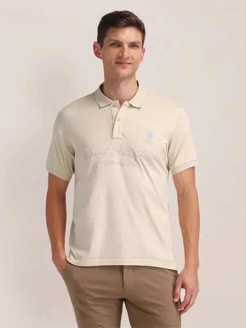 U S POLO ASSN cream plain cotton slim fit t-shirt