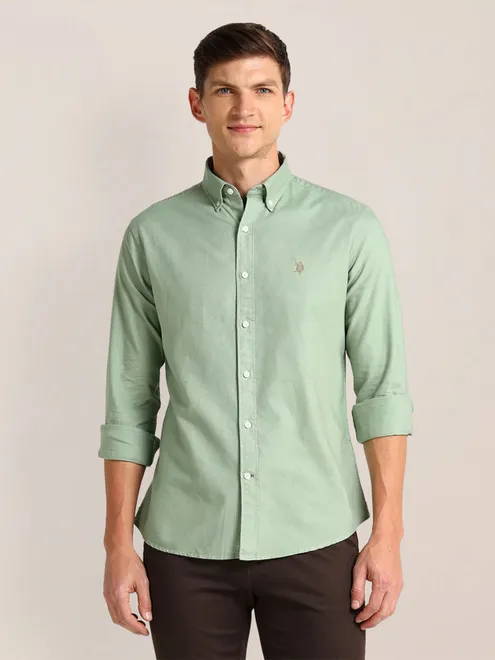 U S POLO ASSN green plain shirt in cotton fabric