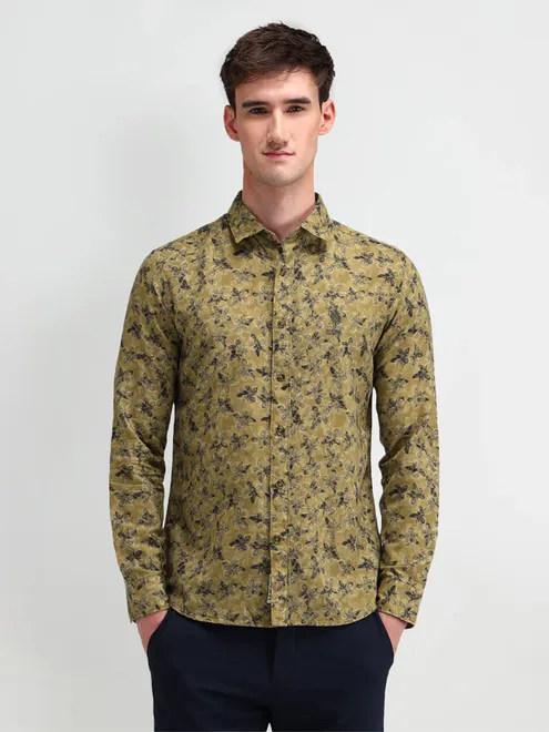 U S POLO ASSN printed olive cotton shirt