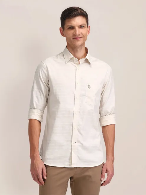 U S POLO ASSN stipe pattern light pink cotton slim fit shirt