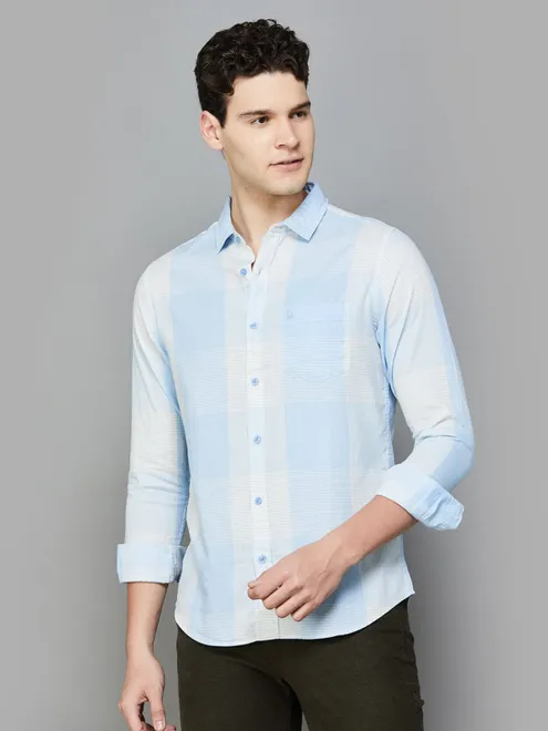UCB checked sky blue cotton shirt for men