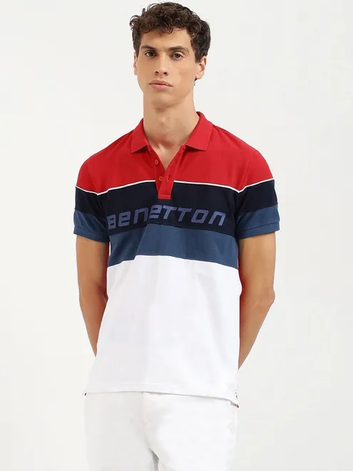UCB white color block pattern cotton slim fit t-shirt