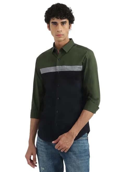 UCB cotton plain black and green casual shirt