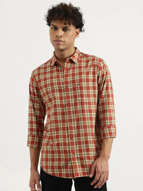UCB rust orange cotton casual flannel shirt for men