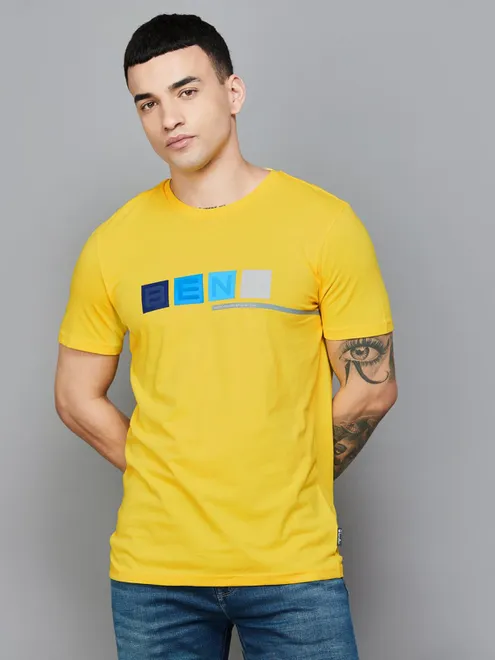 UCB yellow cotton men t-shirt in slim fit